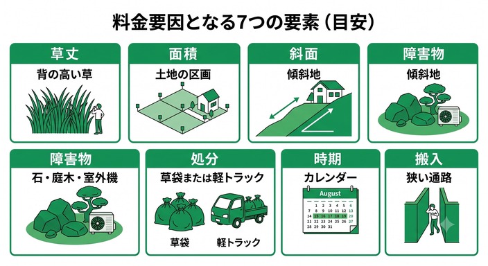 草刈り料金が変わる草丈・面積・斜面・障害物・処分・時期・搬入経路の7項目