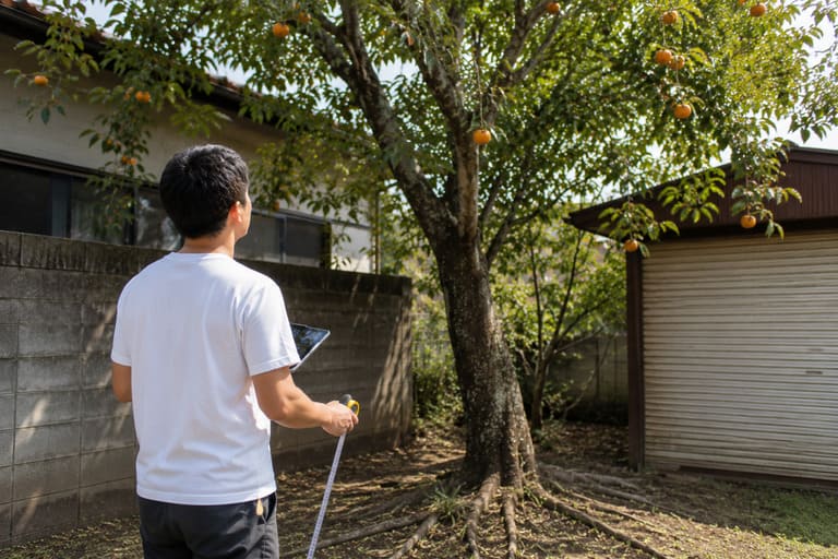 高木伐採前に現場の状況を確認するカリマススタッフ